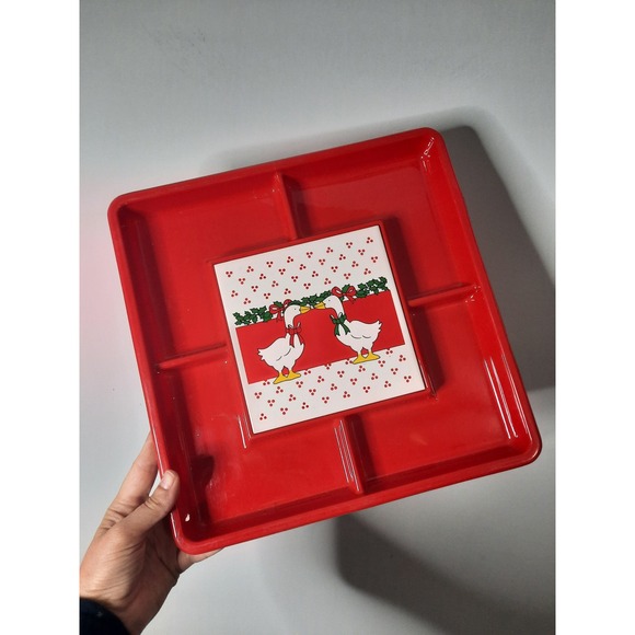 Unbranded Other - Vintage Christmas Goose Red Divided Serving Tray Ceramic Tile Inlay Holiday Dish